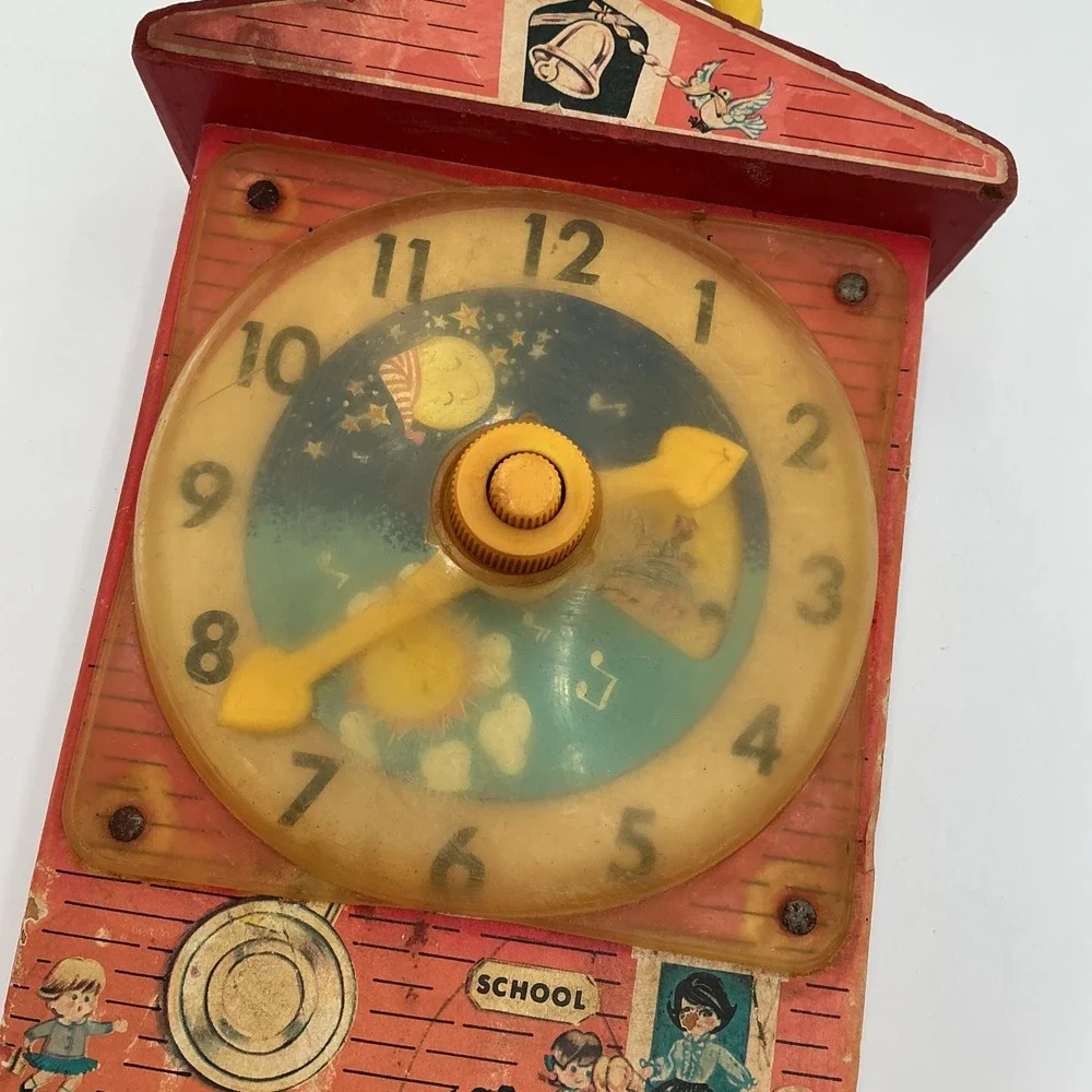Vintage Fisher Price Music Box Teaching Clock Wood Wind Up‎ Toy 1964 USA Works
